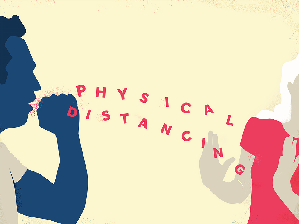 graphic of two people and the words "physical distancing"