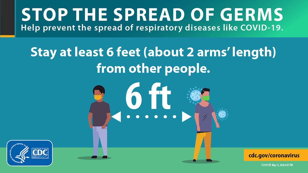 stop the spread of germs by staying at least 6 ft apart