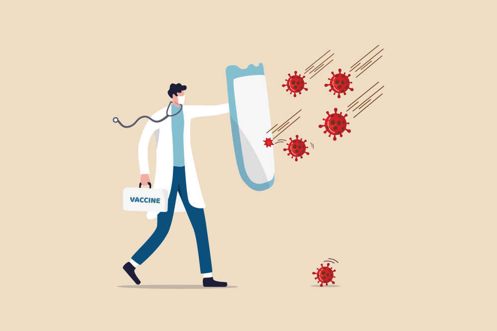 AllIN-Blog-PfizerVaccine Man wearing mask, carrying sheild, "fighting off" virus illustration